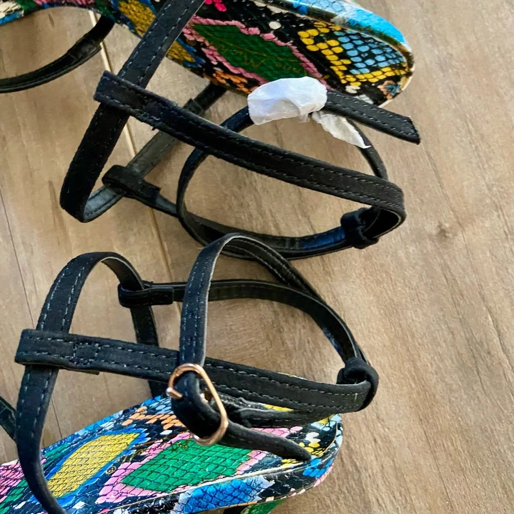 Anne Michelle Black Ankle Strap Snakeskin Heels